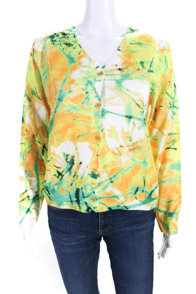 Sophyline Womens Yellow Printed V-Neck Long Sleeve Cardigan Sweater Top Size S/M