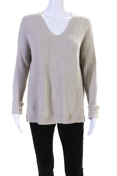 Vince Womens Cotton Long Sleeve V Neck Ribbed Sweater Beige Size XS