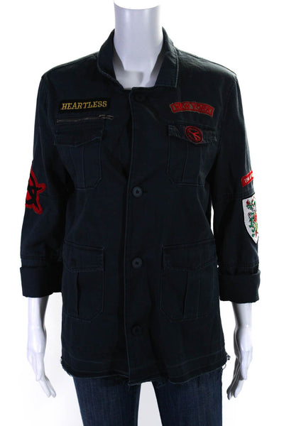 Elan Womens Collared Long Sleeves Graphic Patch Button Down Jackets Blue Size S