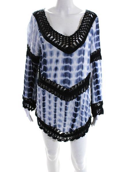 Surf Gypsy Womens Crochet Trim Tie Dye Print V Neck Swim Coverup Blue Size M