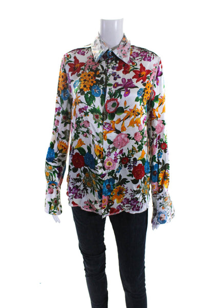 Ears Of Buddha Womens Satin Lace Floral Snap Shirt Blouse White Multi Size XS