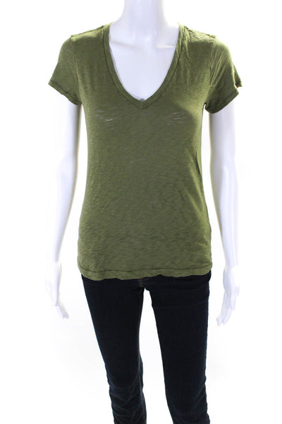 Goldie Womens Short Sleeve V Neck Knit Tee Shirt Green Cotton Size Extra Small