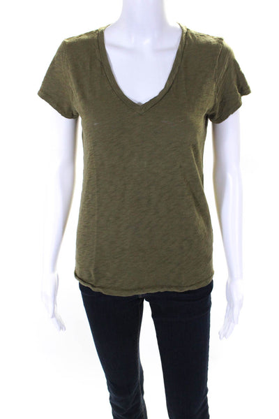 Goldie Womens Short Sleeve V Neck Knit Tee Shirt Green Cotton Size Small