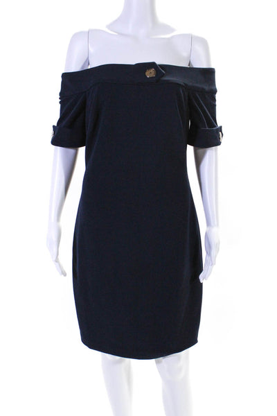 Badgley Mischka Womens Off The Shoulder Lined Mini Sheath Dress Navy Blue Size 8