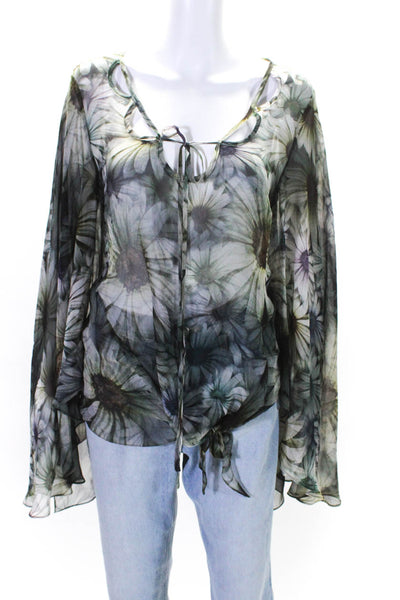 Trelise Cooper Womens Silk Floral Print Long Kimono Sleeve Blouse Green Size 8