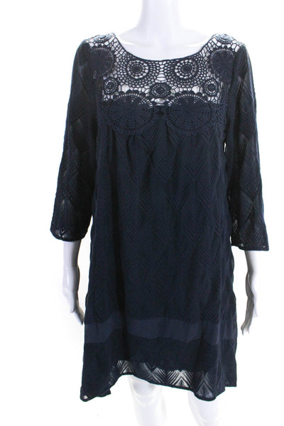 Holding Horses Womens Crochet Long Sleeves Dress Navy Blue Cotton Size Medium