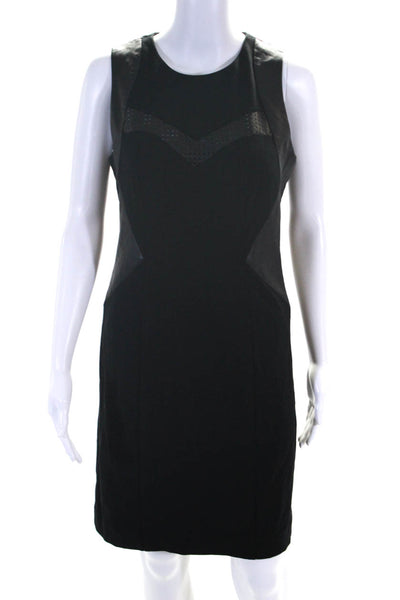 Nanette Lepore Womens Back Zip Crew Neck Leather Trim Sheath Dress Black Size 6