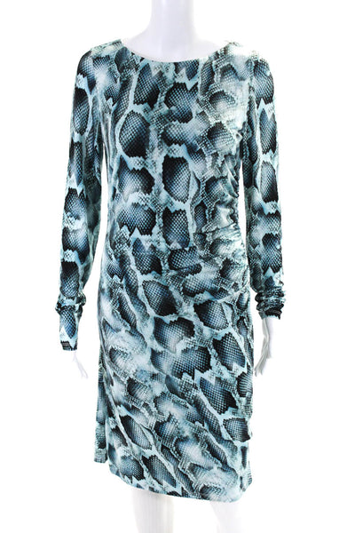 Elie Tahari Womens Teal Snakeskin Print Ruched Long Sleeve Bodycon Dress Size S