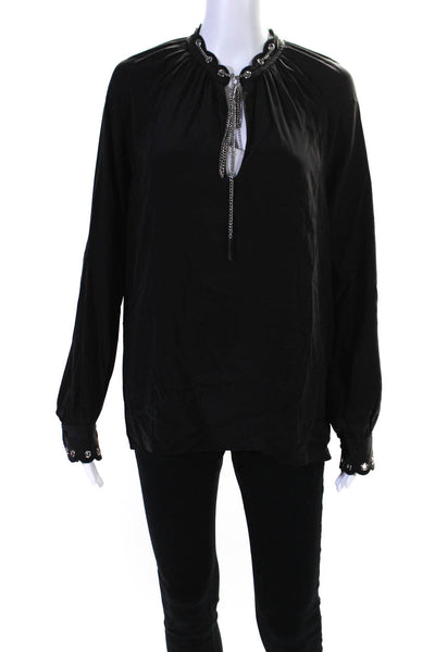 Michael Michael Kors Womens Long Sleeve Grommet Scallop Silk Shirt Black Medium
