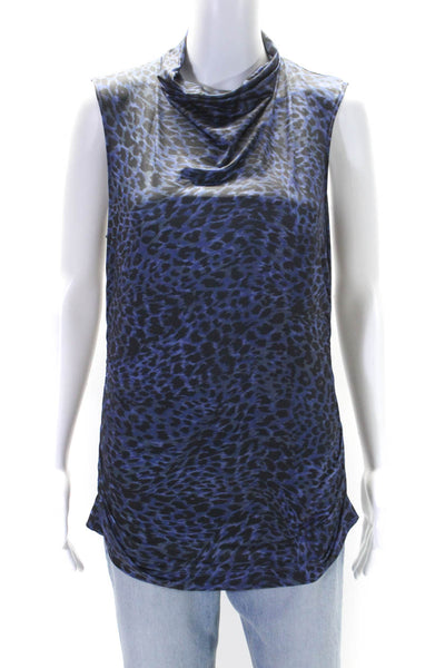 Elie Tahari Womens Blue Leopard Print High Neck Sleeveless Blouse Top Size S