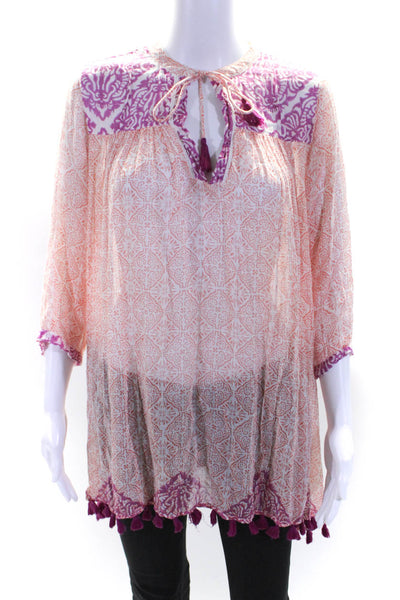 Roberta Roller Rabbit Womens Cotton Abstract Tassel Hem Blouse Orange Size XS