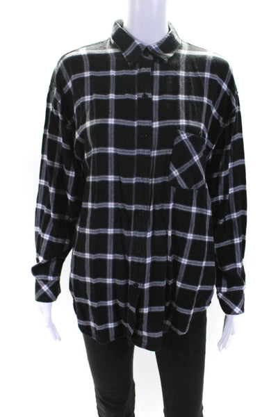 Rails Womens Plaid Print Collared Long Sleeve V-Neck Buttoned-Up Black Size L