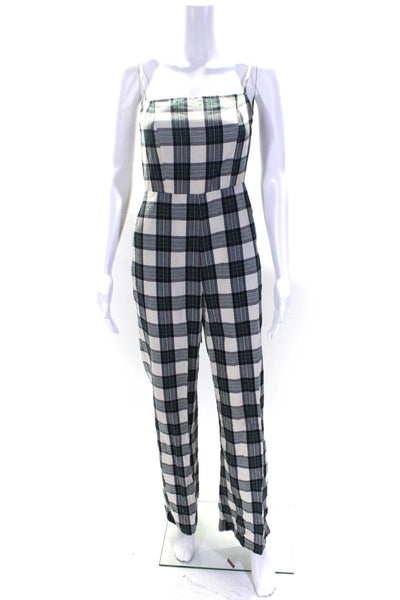 Etophe Studios Womens Tie Back Plaid Flare Jumpsuit White Navy Green Size Small