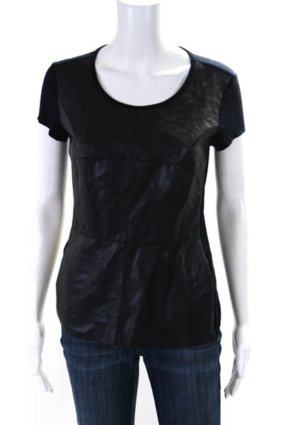 Bailey 44 Womens Short Sleeve Faux Leather Scoop Neck Tee Shirt Navy Size Medium