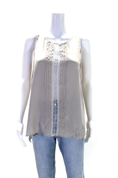 Clover Canyon Womens Floral Lace Striped Pleated Button Tank Blouse Beige Size S