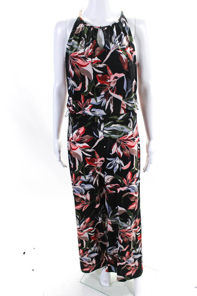 T Tahari Womens Floral Print Halter Neck Wide Leg Jumpsuit Black Size S