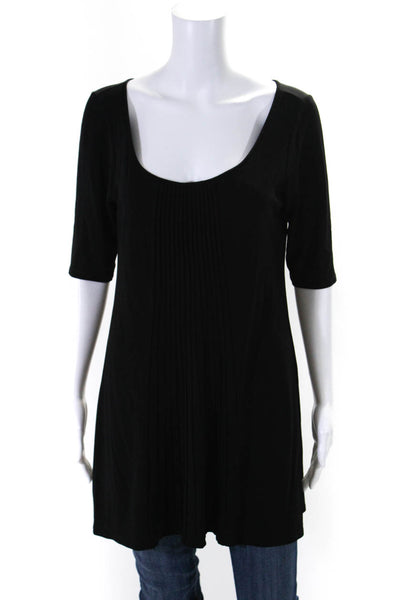 Eileen Fisher Womens Silk Round Neck Short Sleeve Pleat Blouse Top Black Size S