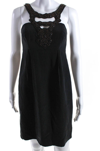 Shoshanna Womens Silk Embroidered Beaded Darted Zipped Midi Dress Black Size 2