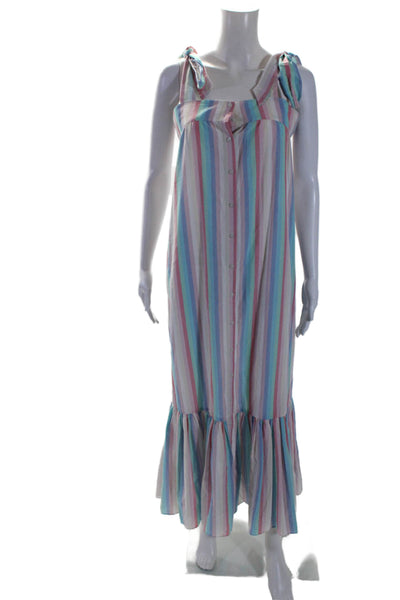 Ophelia & Indigo Womens Button Up Square Neck Striped Dress Multicolored Small