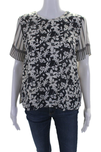 Vince Camuto Womens Floral Print Round Neck Short Sleeve Blouse Top White Size S