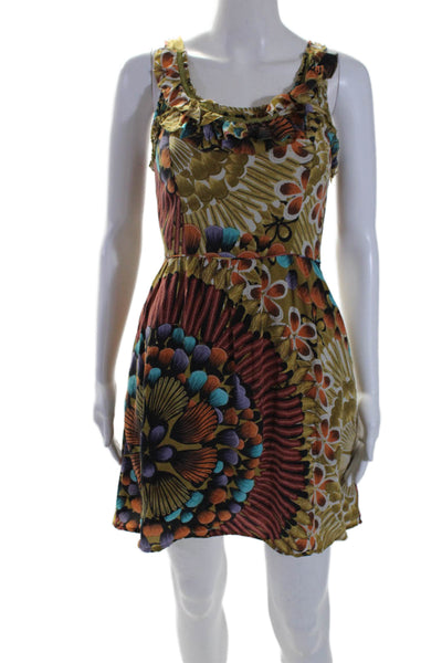 Edme & Esyllte Anthropologie Womens Ruffled Floral Silk Dress Brown Multi Size 2