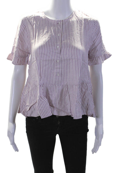Madewell Women's Round Neck Short Sleeves Peplum Purple Striped Blouse Size S