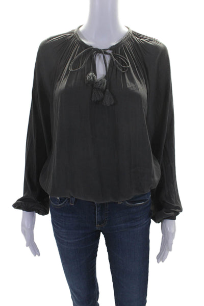 Ramy Brook Women's Round Neck Long Sleeves Tassel Blouse Gray Size XS