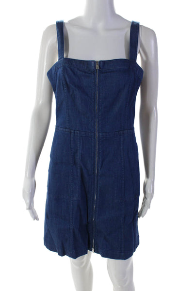 Club Monaco Women's Square Neck Full Zip Medium Wash Denim Mini Dress Size 10