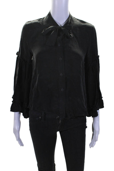 Corey Lynn Calter Women's Short Sleeves Ruffle Silk Blouse Black Size S