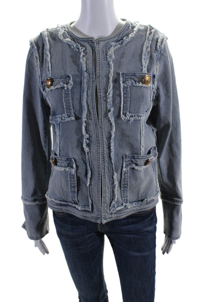 A.Z.I Womens Cotton Denim Frayed Trim Four Pocket Short Jean Jacket Blue Size S