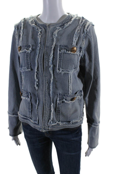 A.Z.I Womens Cotton Denim Frayed Trim Four Pocket Short Jean Jacket Blue Size S
