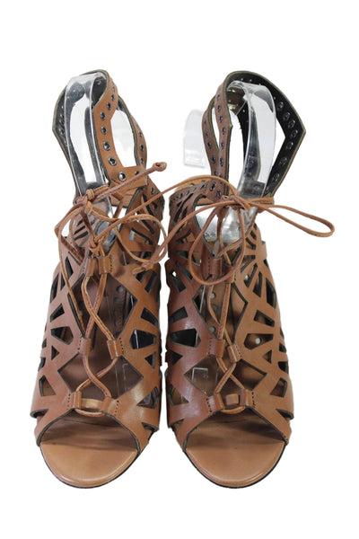 Dolce Vita Womens Leather Studded Strappy Lace Up Peep Toe Heels Brown Size 7