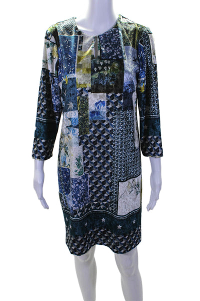 Vilagallo Womens Back Zip Crew Neck Geometric Abstract Velvet Dress Blue FR 42