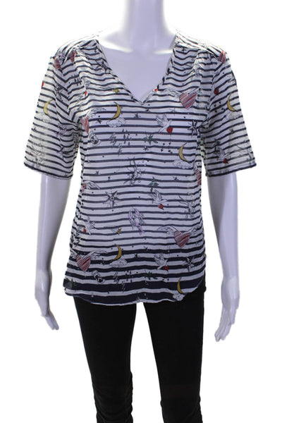 Vilagallo Womens Short Sleeve V Neck Striped Abstract Shirt White Navy FR 40