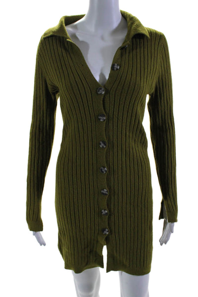 525 Womens Green Ribbed Collar Button Front Long Sleeve Sweater Dress Size S