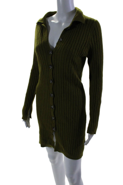 525 Womens Green Ribbed Collar Button Front Long Sleeve Sweater Dress Size S
