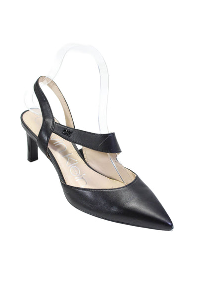 Calvin Klein Womens Slim Heel CK Logo Slingback Pumps Black Leather Size 6.5