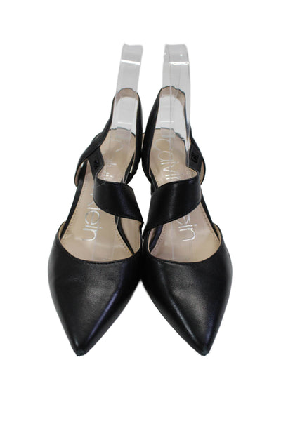 Calvin Klein Womens Slim Heel CK Logo Slingback Pumps Black Leather Size 6.5