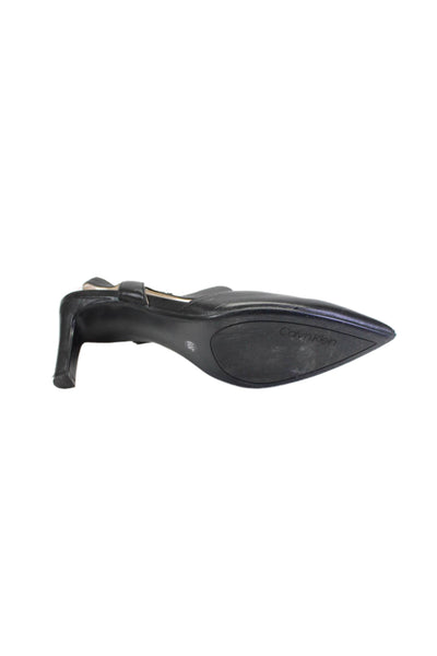 Calvin Klein Womens Slim Heel CK Logo Slingback Pumps Black Leather Size 6.5