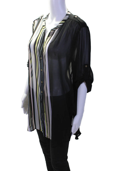 Calvin Klein Womens Striped Long Sleeve Button Up Blouse Top Black Size L