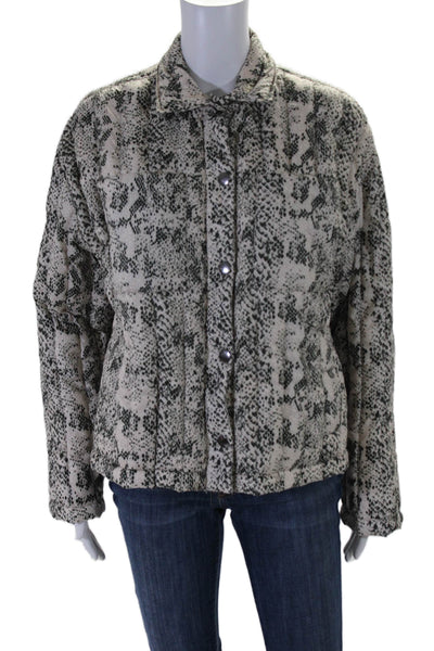 ATM Womens Button Front Snakeskin Printed Down Quilted Jacket White Green Small