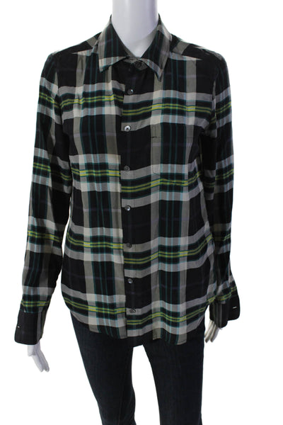 Equipment Femme Womens Silk Plaid Collared Button Up Blouse Top Black Size S