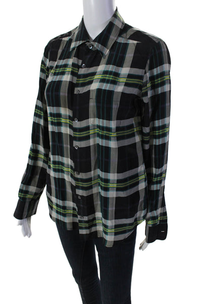Equipment Femme Womens Silk Plaid Collared Button Up Blouse Top Black Size S