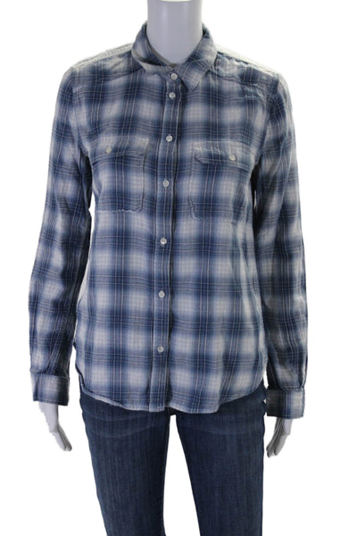 Paige Womens Button Front Long Sleeve Collared Plaid Shirt Blue Cotton Size XS