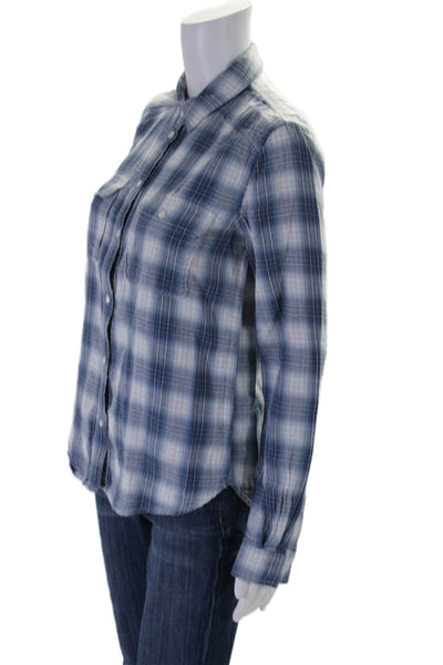Paige Womens Button Front Long Sleeve Collared Plaid Shirt Blue Cotton Size XS