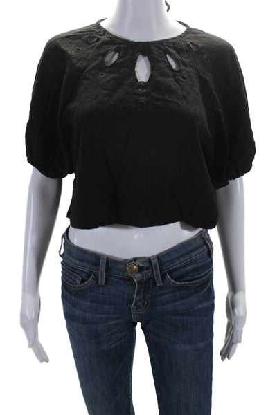 House of Harlow 1960 Womens Linen Short Sleeve Embroidered Blouse Black Size XS