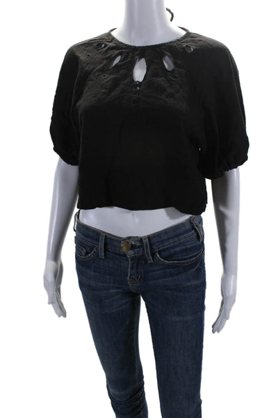 House of Harlow 1960 Womens Linen Short Sleeve Embroidered Blouse Black Size XS
