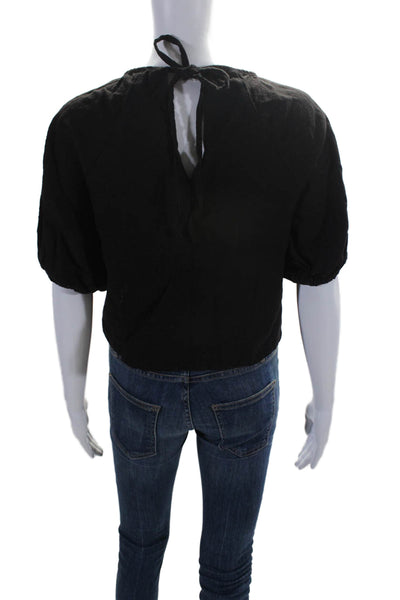 House of Harlow 1960 Womens Linen Short Sleeve Embroidered Blouse Black Size XS