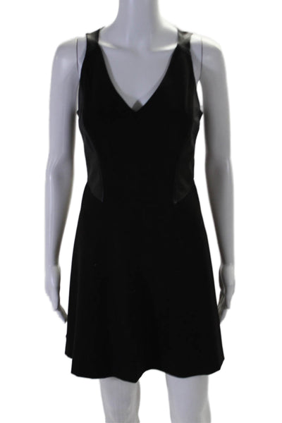 Rebecca Taylor Womens Leather Contrast V Neck A Line Dress Black Size 2