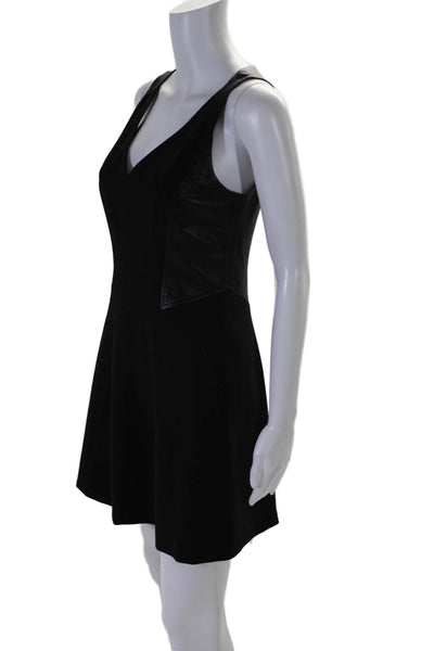 Rebecca Taylor Womens Leather Contrast V Neck A Line Dress Black Size 2